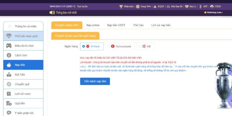 Nạp tiền vốn để tham gia cá cược tại sân chơi chất lượng